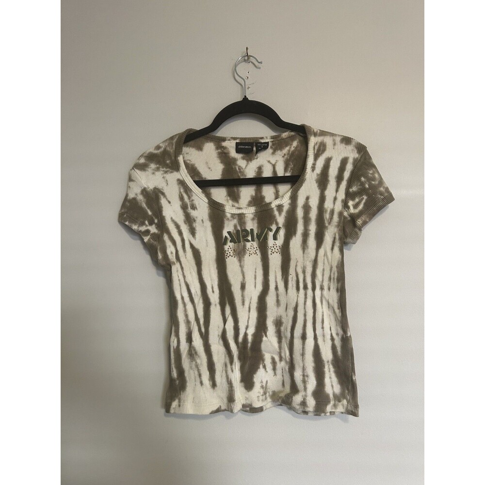 Vintage Women’s Small Y2K Army Green Baby Tee Tie Dye Beaded